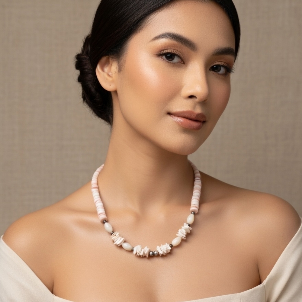 Pink Shell Bead Necklace with Cream Accents - Women's Jewelry